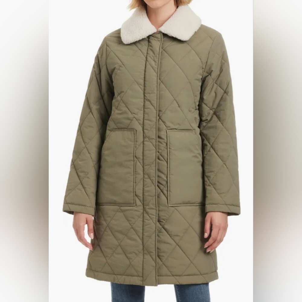 Water Resistant Quilted Coat With Removable Faux Shearing Collar